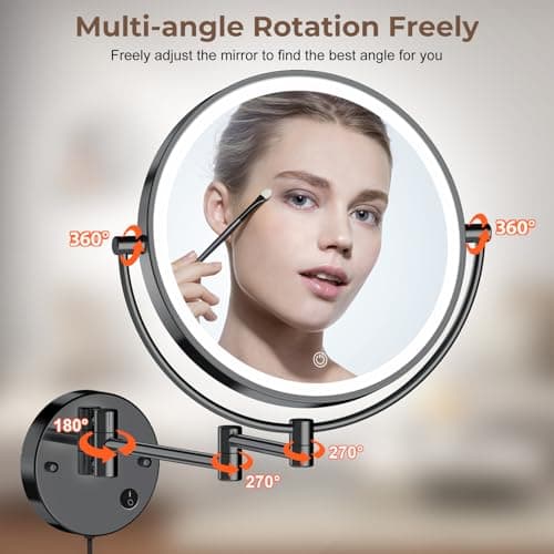 Rocollos 9" Plug-in Wall Mounted Lighted Makeup Mirror 1X/10X Magnification, Super Large Double Sided LED Vanity Mirror for Bathroom (Black) - Thumbnail 3