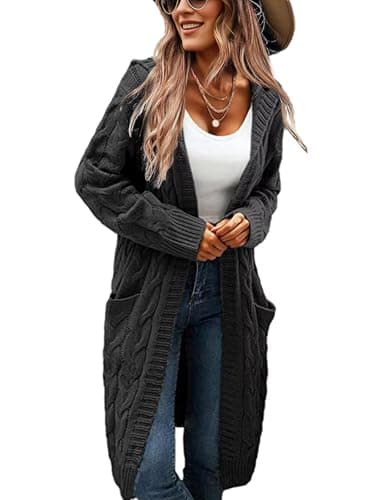 XINWEIZZ Women's Hooded Open Front Long Cardigan Cable Knit Sweaters Side Pocket Oversized Chunky Cardigan Outwear Coat Black - Image 1