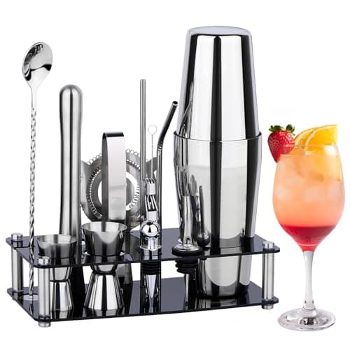 Cocktail Shaker Set Bartender Kit : 15-Piece Bar Tool Set with Acrylic Stand Bars Set with All Practical Bar Accessories, for Drink Mixing, Bar, Home, Lounge & Party, Silver - Image 1