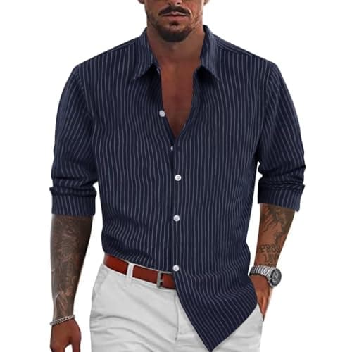 BAYAMO Men's Button-Down Striped Shirts Casual Long Sleeve Cotton Linen Collared Shirts Fashion Business Dress Shirt Navy 3XL - Thumbnail 2