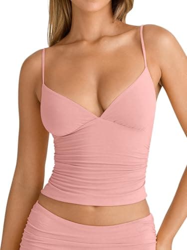 PINKMSTYLE Women's Sexy V Neck Ruched Cami Top Sleeveless Spaghetti Double Layer Fitted Crop Tank Tops Pink Small - Image 1
