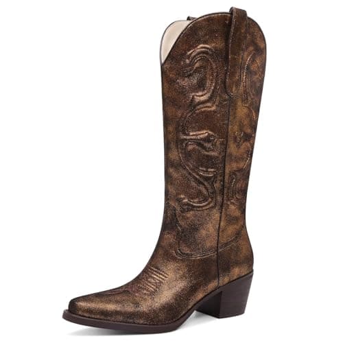 GPXGPX Cowboy Boots Embroidered Cowgirl Boots Women Mid Calf, Pointed Toe Chunky Block Heel Pull On Western Boots Brown 11 - Image 1