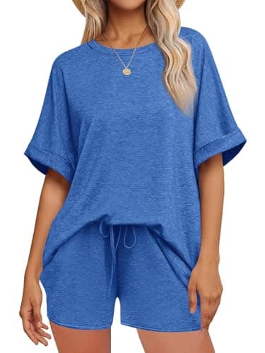 Tankaneo Womens 2 Piece Lounge Sets Oversized Short Sleeve T-shirts Drawstring Shorts Pajamas Summer Outfits Royal Blue - Thumbnail 4
