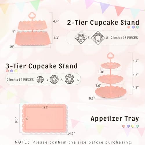 Pack of 10 NWK Cake Stand Set, with 3 x Two-Tier and 3 x Three-Tier Cupcake Stands, 4 x Appetizer Trays, 1 x Tablecloth for Birthday Bridal Baby Shower Party (Colorful) - Thumbnail 2