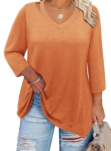 Amrto Spring Shirts for Women 2026 Plus Size Summer Tops 3/4 Sleeve V Neck Curvy Blouses with Pants Casual Tunic Shirts Stretchy Curved Hem Essential Dating Leisure Dressy Attire, Caramel, 3XL - Image 1
