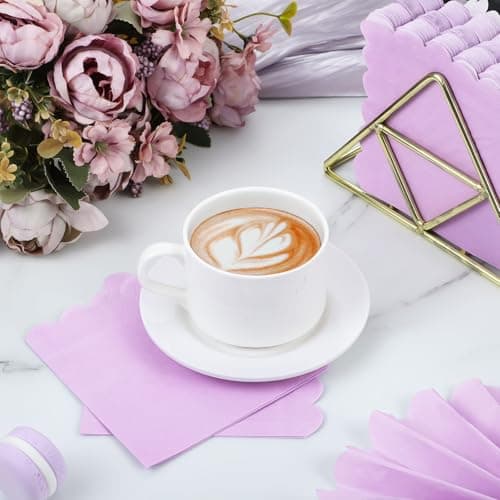 NatNarr 120 Pcs Purple Napkins,Scalloped Easter Paper Napkins Disposable Lavender Cocktail Napkin Lilac Beverage Dessert Napkin for Birthday Wedding Bridal Baby Shower, 5 x 5 Inch - Thumbnail 6