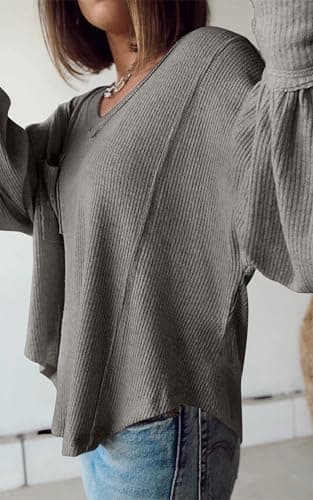 BTFBM Womens Fall Fashion 2026 Long Sleeve Shirts Casual V Neck Ribbed Knit Blouses Pullover Trendy Loose Fit Tunic Tops(Solid Grey, Small) - Thumbnail 5