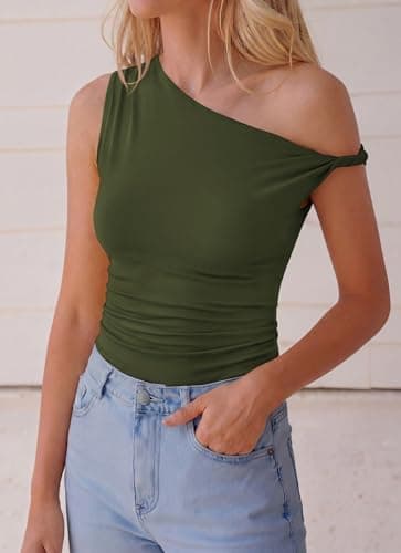 BTFBM Off The Shoulder Tops for Women 2026 Cute Summer Casual Sleeveless Slim Fit y2k Spring Outfits Going Out Tank Top(Army Green, Large) - Thumbnail 5