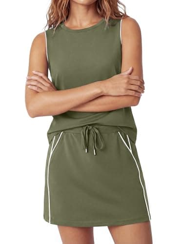 Casly Lamiit Womens 2 Piece Skort Set Summer Lounge Tennis Skirt Set Active Resort Wear Spring Break Short Skirt Dress Striped Sweatsuits Army Green XS - Image 1