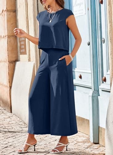 EVALESS 2 Piece Sets for Women Spring 2026 Vacation Outfits Beach Vacation Clothes Cap Sleeve Summer Tops Wide Leg Pants Matching Sets Women Clothing Cruise Outfits Navy Blue Large - Thumbnail 4