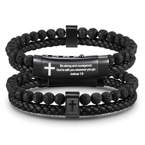 FLHEART Men's Christian Cross Black Leather Bracelet Gifts for Men, Double-Row Braided Leather Cross Bracelet Bible Verse Agate Onyx Beaded Bangle Gifts for Son Grandson Husband Boyfriend Brother - Image 1