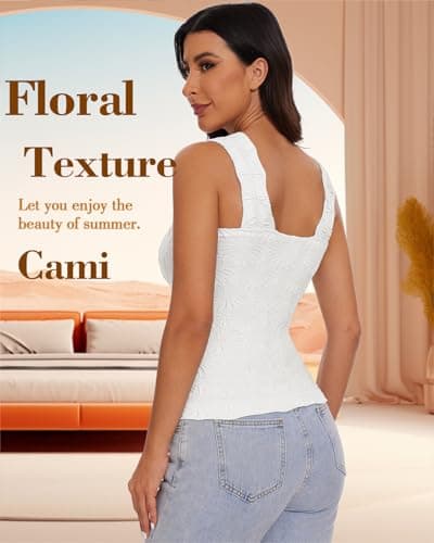 Women's Square Neck Wide Strap Crop Tank Tops Slim Fit Sleeveless Going Out Top Flower Lettuce Trim Cami Tops - Thumbnail 2