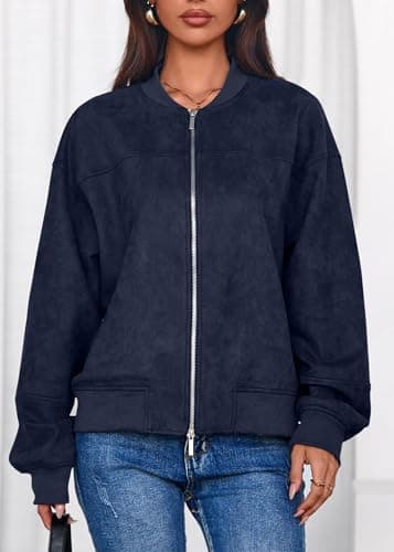 Lazysmile Women's Faux Suede Bomber Jackets Fall Fashion Outfits Winter Clothes Stand Collar Zip Up Coats Outwear - Thumbnail 6