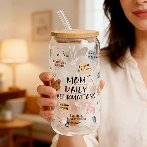Celebloom Gifts for Mom, Mama Daily Affirmations Glass Cup with Lid and Straw for Mothers Day Gifts for Boy Mom, Girl Mama, Mommy Tumbler Valentines Christmas Presents for Women 16oz - Thumbnail 5