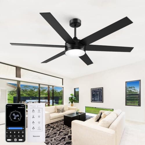 CalorHoga 60 Inch Large Ceiling Fan with Lights, Black Ceiling fans with Remote Control/APP for Indoor Living Room Garage Commercial, 3CCT Dimmable LED Modern Fan, 6 Speeds, Quiet Reversible DC Motor
