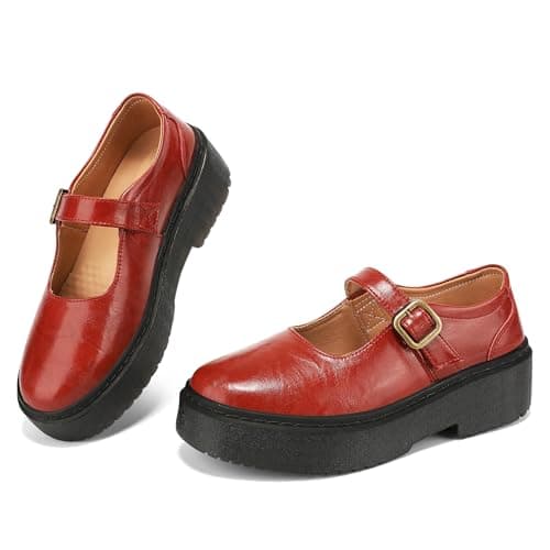 BEAUSEEN Women's Mary Jane Shoes with Platform Sole - Comfort Round Toe Strap Ballet Flats for Women - Chunky Heel Dress Flats Red,11 US - Image 1