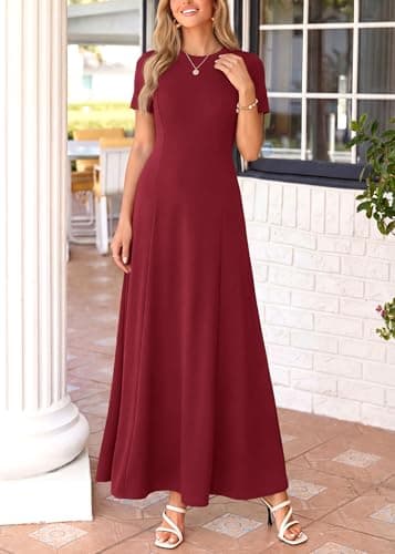 KIRUNDO Wedding Guest Dresses for Women 2026 Spring Summer Short Sleeve Pleated Long Flowy A Line Formal Maxi Dress Pockets(Burgundy, Medium) - Thumbnail 5