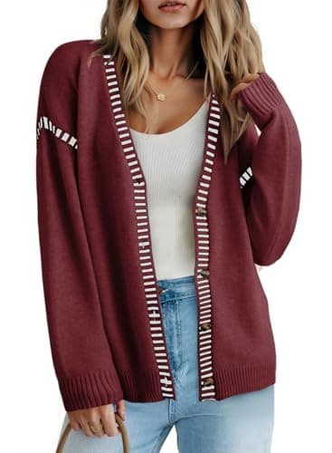 Dokotoo Women's Casual Long Sleeve Cardigan V Neck Button Down Open Front Knit Sweaters Loose Oversized Sweater Coat Contrast Stiching Ribbed Knit Red Cardigans Medium - Image 1