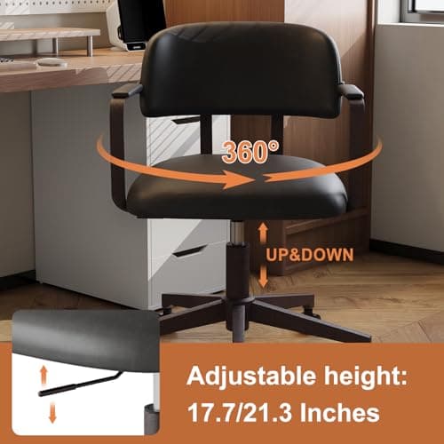 BERYTH Home Office Desk Chair, Mid-Century Modern Desk Chair with Padded Arms, Adjustable Seat Height, Mid Back 360° Small Computer Chair with Mobile Mute Wheel, PU Leather (Dark Grey) - Thumbnail 4