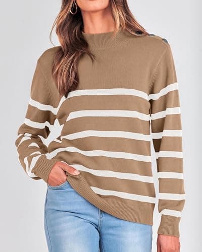 KIRUNDO Fall Sweaters for Women 2026 Striped Turtleneck Ribbed Knit Sweater Trendy Pullover Jumper Winter Fashion Clothing(X-Large, Light Khaki) - Thumbnail 3