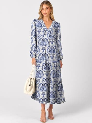 ANRABESS Womens Long Sleeve Boho Maxi Dress 2026 Fall V Neck Floral Striped Casual Loose Fit Beach Vacation Dresses Blue Khaki Large - Thumbnail 4