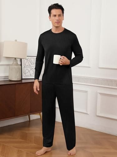 RQP Men's Pajama Set Ribbed Lounge Wear Silky Smooth 2 Piece Sleepwear,Stretch Home Outfits for Men,Black - Thumbnail 4
