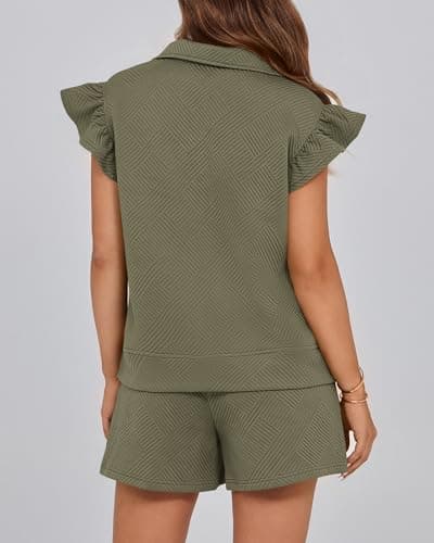 BTFBM Womens 2 Piece Outfits Spring Sweatsuit Zipper V Neck Casual Ruffle Cap Sleeve Tops Drawstring Shorts Lounge Sets(Army Green, Large) - Thumbnail 3