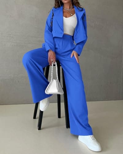 KIRUNDO Womens Suits for Work Professional Spring Fall Two Piece Crop Blazer and Pants Set Matching Set Fashion Clothing (Blue, Large) - Thumbnail 2