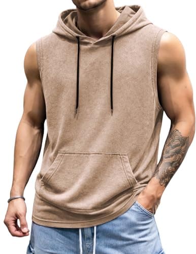 JMIERR Mens 2026 Vintage Washed Sleeveless Hoodie Tank Top Cotton Muscle Workout Gym Streetwear Shirt Khaki - Image 1