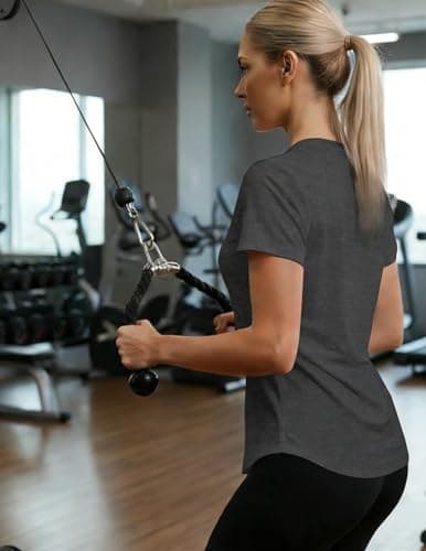 LETSEE Workout Tops for Women Workout Casual Yoga Athletic Short Sleeve Shirts Breathable Crewneck Tops Dark Grey L - Thumbnail 3