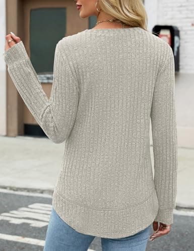 Long Sleeve Shirts for Women Lightweight Sweaters Long Sleeve Tunic Tops Fashion Curved Hem Dressy Cozy Blouses (Apricot, Medium) - Thumbnail 6