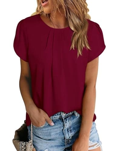 PRETTYGARDEN Women's Tops 2026 Casual Summer Round Neck Short Sleeve Basic Pleated Loose Fit Blouses Plain Tunic Shirts(Wine Red,Large) - Image 1