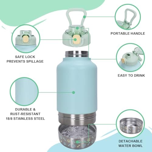 GiNT 37oz Insulated Stainless Steel Dog & Human Water Bottle | Leakproof Travel Dispenser with Detachable 10oz Bowl, 24H Cold/12H Hot, Carrying Case for Walking, Hiking,Camping & Outdoor Travel(Green) - Thumbnail 2