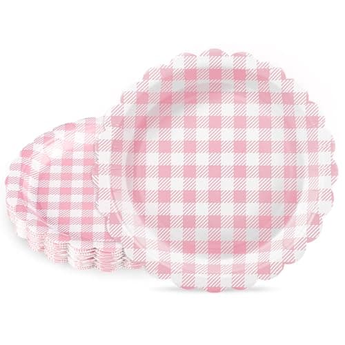 NatNarr 30 Pcs Light Pink Gingham Plates, 7 Inch Scalloped Plaid Camping Dessert Dinner Party Plates Pink and White Gingham Party Supplies for Girls Baby Shower, Wedding, Birthday - Image 1