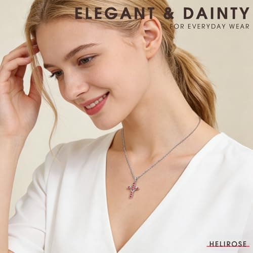Helirose Heart Cross Necklace for Women, 18K White Gold Plated CZ Faith Pendant, Anti-Tarnish Hypoallergenic Jewelry, 20" Adjustable Chain, Ideal for Birthday, Anniversary, Mother's Day, Everyday Wear (Rose Red-Silver) - Thumbnail 2