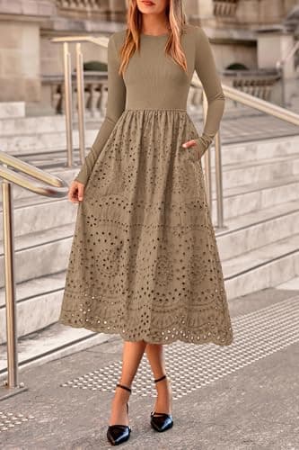 dowerme Women Spring Dresses 2026 Casual Long Sleeve Crewneck A-Line Boho Eyelet Cotton Maxi Wedding Guest Dress Pockets(Khaki,XX-Large) - Thumbnail 2