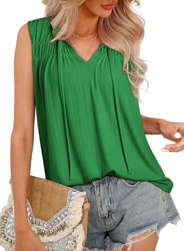 Dokotoo Women's Tank Tops Green Dressy Casual Shirts Women Summer Tops 2026 Trendy V Neck Sleeveless Spring Outfits Business Tunic Vest Pleated Flowy Loose Fit Clothes Size Large - Image 1