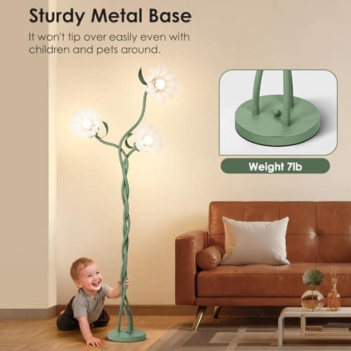 FUNNYBEHOM Floor Lamp for Living Room, 3 Lights Green Flower Lamp, Modern Tall Standing Lamp with 3 Color Temperatures Flexible Gooseneck, Mid Century Vintage Tree Floor Lamp for Bedroom Office - Thumbnail 5