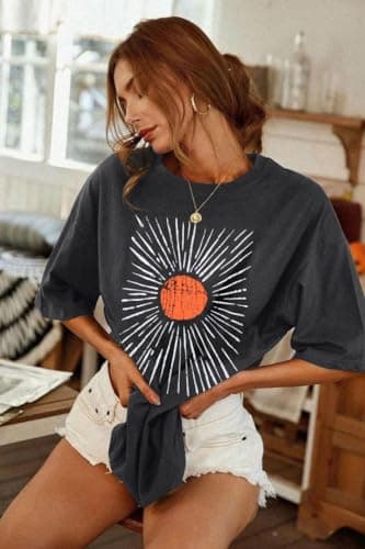 Womens Oversized Tee Shirts Vintage Sunshine Graphic Tees Hiking T-Shirts Boho Summer Short Sleeve Top - Thumbnail 3