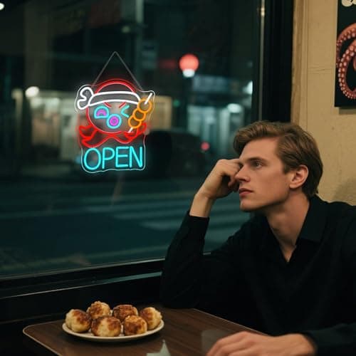 Open Neon Sign for Wall Decor Takoyaki Octopus Ball Neon Light USB Powered LED Dimmable for Japanese Street Food Shop Anime Sushi Bar Cafe Kitchen Bar Gift Japanese Culture Lover - Thumbnail 3