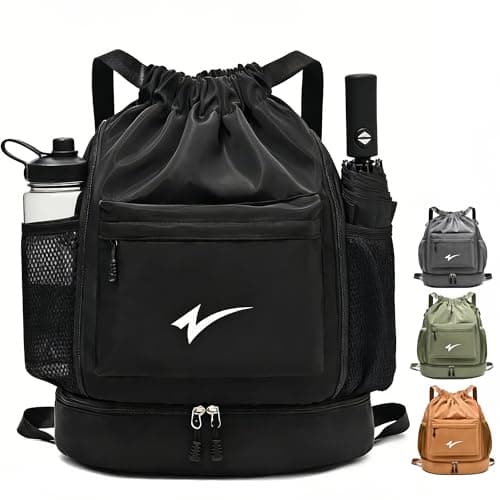 U·helper Sport Drawstring Backpack, Gym Bag with Mesh Side Pockets and Separate Shoe Compartment, Water-Resistant (Black) - Image 1