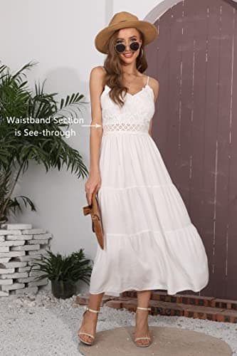 Dokuritu Women's Beach Crochet Lace Maxi Dress Boho Casual Cocktail Graduation Wedding Guest Spaghetti Strap Long White Summer Dresses 2025 (White,S) - Thumbnail 2