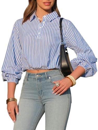EXLURA Women's 100% Cotton Long Sleeve Crop Tops Summer Striped Collared Button V Neck Pullover Shirt Elastic Hem Y2K Blouse Blue - Image 1