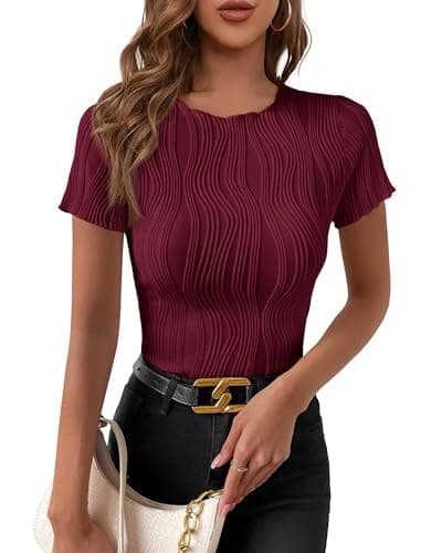 PRETTYGARDEN Women's Summer Tops 2026 Casual Short Sleeve Crewneck Slim Fit T Shirts Basic Knit Y2K Top Textured Blouse(Dark Red,Medium) - Image 1