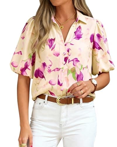 BTFBM Womens Tops Summer Button Down Shirts Casual Short Sleeve V Neck Floral Boho Business Blouses Vacation Outfits(Floral Rose Red,Large) - Image 1