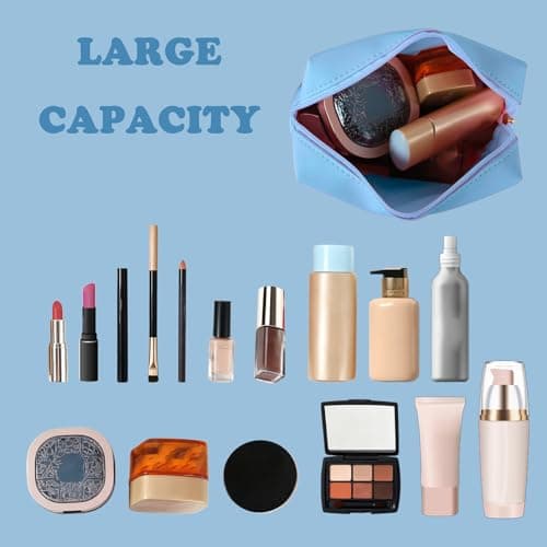 Makeup Bag Initial Preppy Patch Bag,Small PU Leather Travel Cosmetic Bag Pouch with Zipper, Blue Cute Toiletry Bag,Gift Ideal for Teen Girls Women Birthday Friend Mom, Latter A - Thumbnail 4