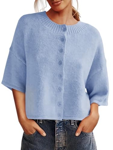 Saodimallsu Womens 3/4 Sleeve Cardigan Sweater Button Down Cropped Crewneck Cardigan 2025 Fall Casual Knit Tops Blue - Image 1
