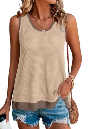 BLENCOT Waffle Knit Tank Top for Women Summer Casual Sleeveless Scoop Neck Basic Loose Tunic Shirts Parchment S - Image 1