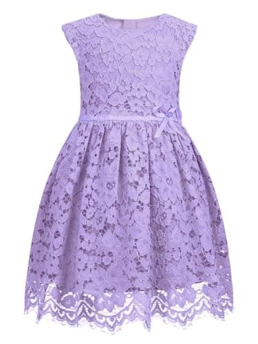 ALLOVIN Girls & Toddlers Sleeveless A-Line Lace Party Dress Birthday Wedding & Flower Girl Dress with Beaded Bowknot | Purple | 2-3T - Image 1