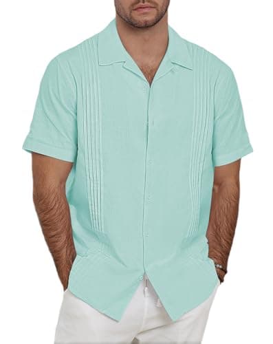 Guayabera Shirts for Men Linen Button Down Short Sleeves Shirt Casual Summer Cuban Vacation Beach Tops - Image 1